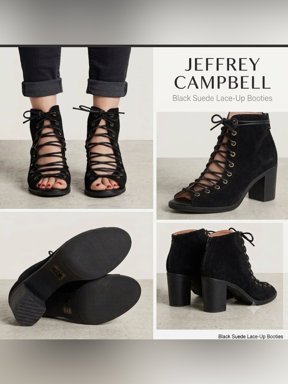Jeffrey Campbell Cors Lace Up Bootie Sandal Black Suede Open Toe Block Heel 8.5